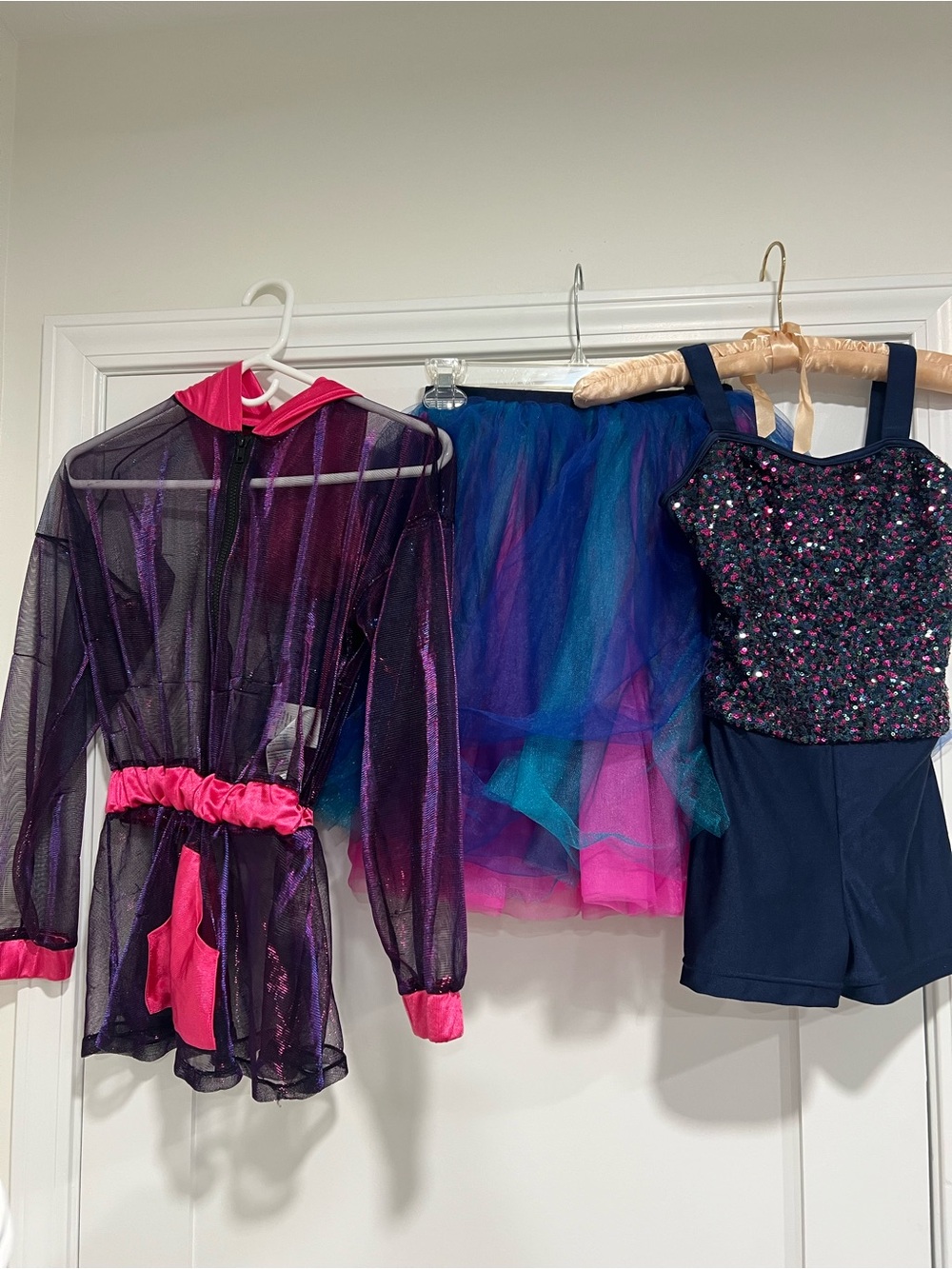 Girls Navy Sparkle Dance Leotard with Purple & Pink Tulle Skirt and Sheer Jacket